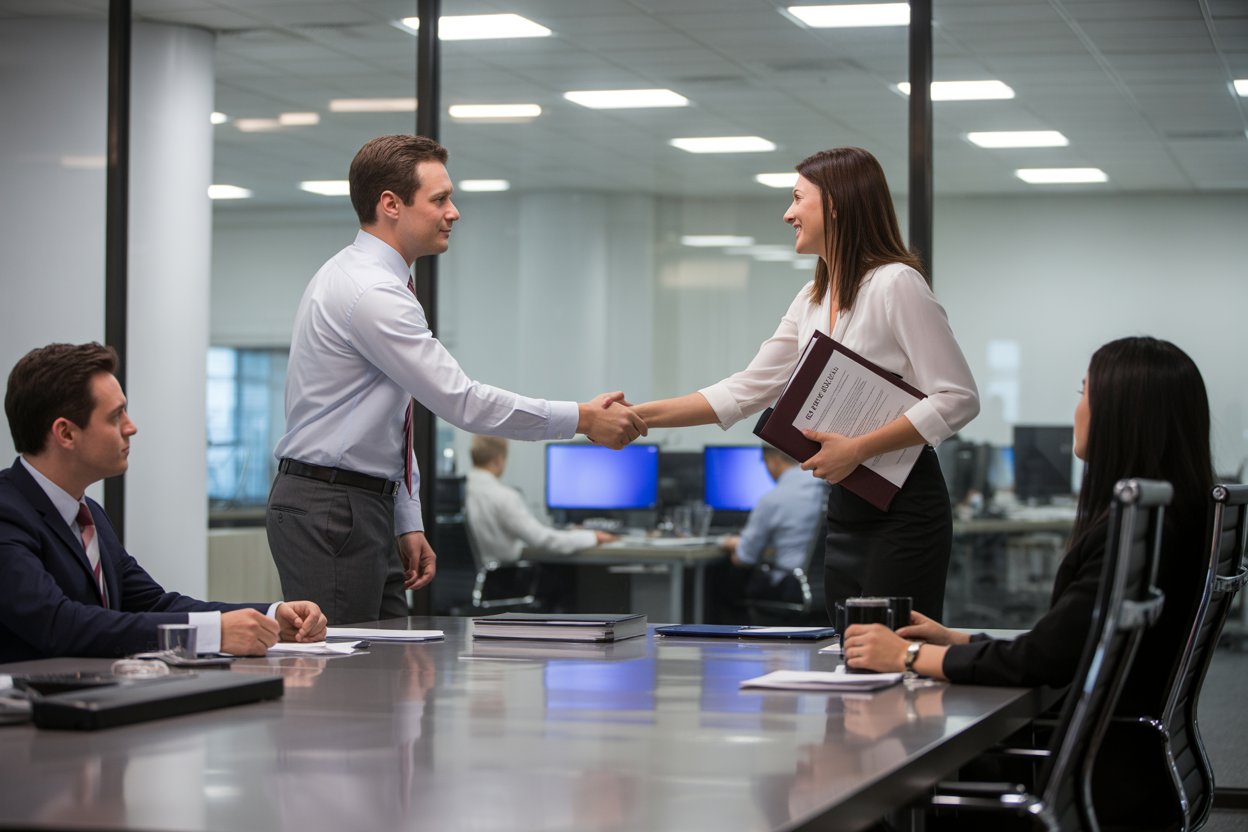 shaking hands in an office room