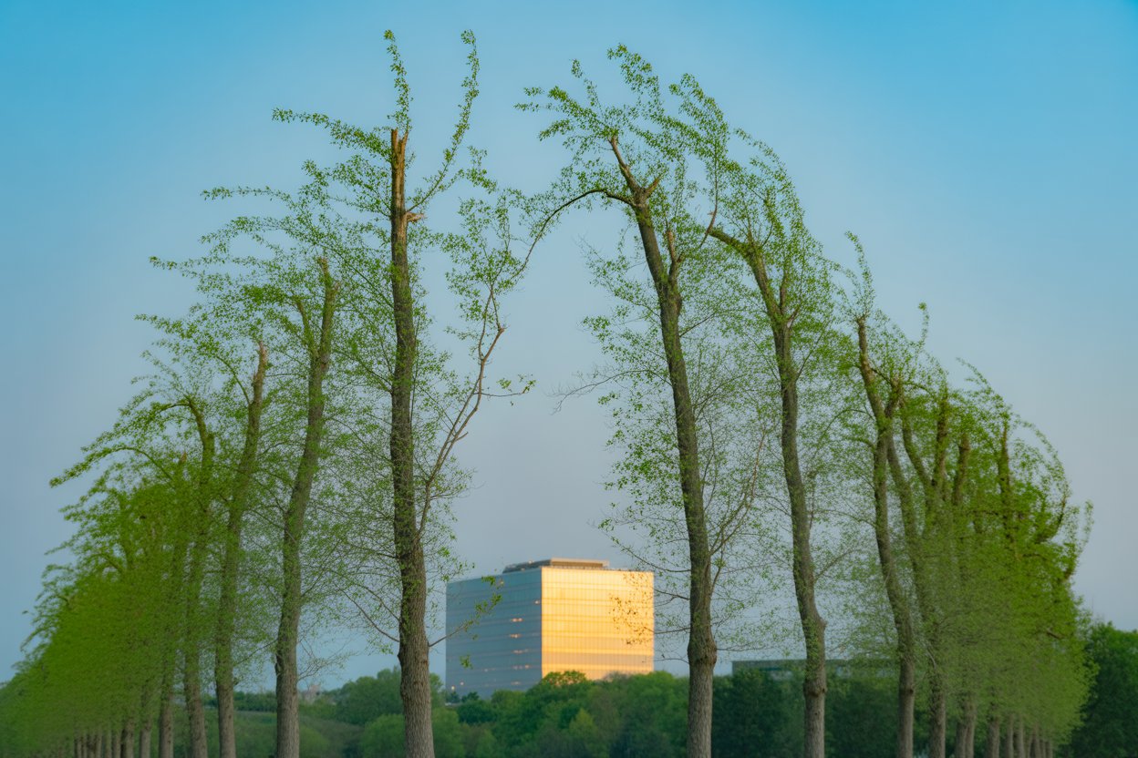 waving trees and building in background
